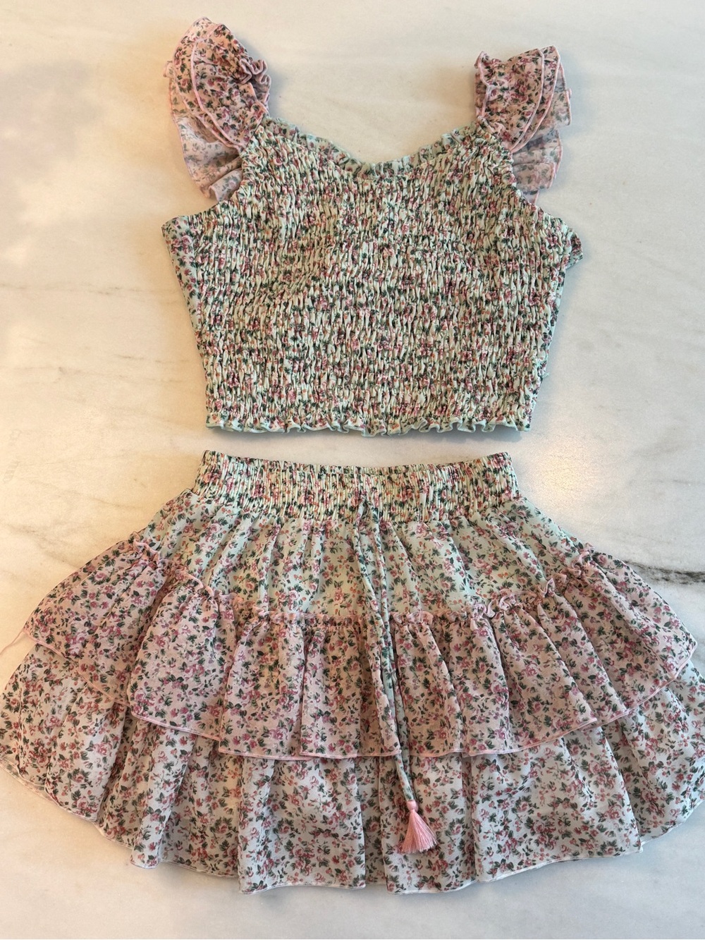 FBZ Floral Smocked Crop Top and Tiered Ruffle Skirt Set